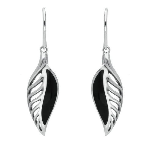 Sterling Silver Whitby Jet Eclipse Leaf Hook Drop Earrings. E2020.