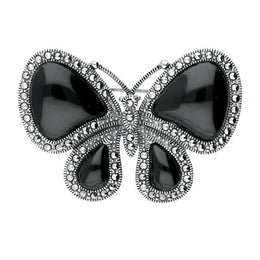 Sterling Silver Whitby Jet Marcasite Butterfly Brooch. M325.