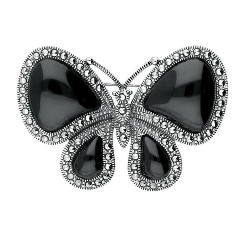 Sterling Silver Whitby Jet Marcasite Butterfly Brooch. M325.