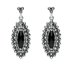 Sterling Silver Whitby Jet Marcasite Double Row Drop Earrings. E1642.