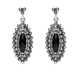 Sterling Silver Whitby Jet Marcasite Double Row Drop Earrings. E1642.
