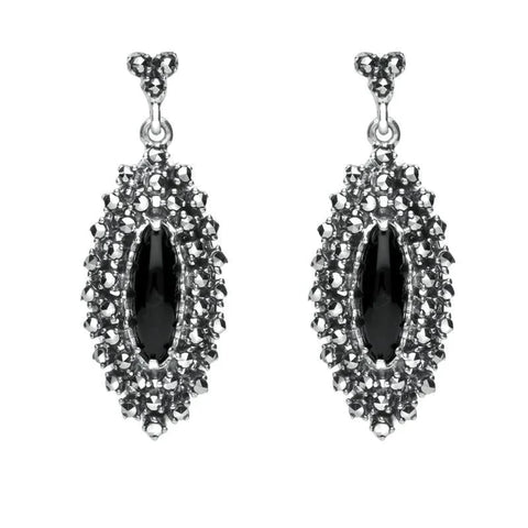 Sterling Silver Whitby Jet Marcasite Double Row Drop Earrings. E1642.