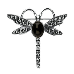 Silver Whitby Jet Marcasite Dragonfly Brooch M328