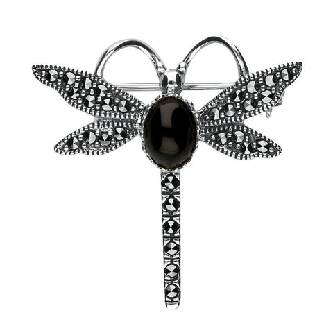 Silver Whitby Jet Marcasite Dragonfly Brooch M328