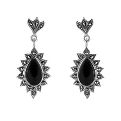 Sterling Silver Whitby Jet Marcasite Vintage Drop Tear Earrings. E1785.
