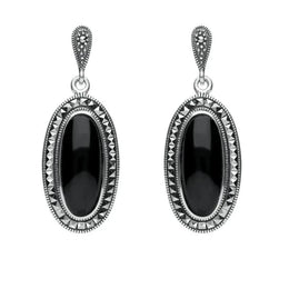 Sterling Silver Whitby Jet Marcasite Framed Drop Earrings E1639