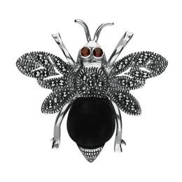 Sterling Silver Whitby Jet Marcasite Garnet Bee Brooch 00141655