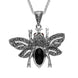 Silver Whitby Jet Marcasite Garnet Bee Pendant Necklace P2136