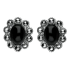 Sterling Silver Whitby Jet Marcasite Oval Beaded Edge Stud Earrings. E1637.