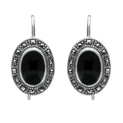 Silver Whitby Jet Marcasite Oval Drop Earrings E1787