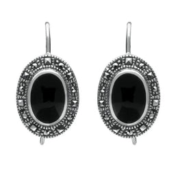 Silver Whitby Jet Marcasite Oval Drop Earrings E1787