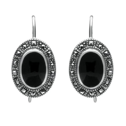 Silver Whitby Jet Marcasite Oval Drop Earrings E1787