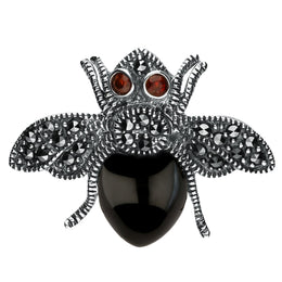 Sterling Silver Whitby Jet Marcasite Wings Garnet Bee Brooch M332