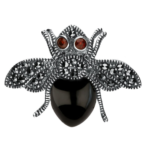 Sterling Silver Whitby Jet Marcasite Wings Garnet Bee Brooch M332