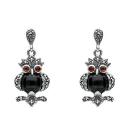 terling Silver Whitby Jet Marcasite and Garnet Owl Drop Earrings. E2237.