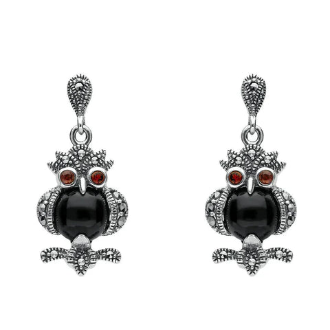 terling Silver Whitby Jet Marcasite and Garnet Owl Drop Earrings. E2237.