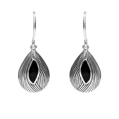 Silver Whitby Jet Marquise Shape Wave Wood Effect Earrings E1614