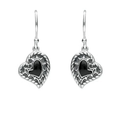 Silver Whitby Jet Oxidised Heart Drop Earrings E1956