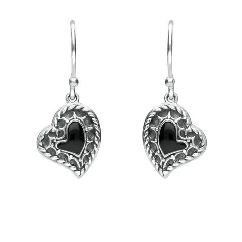 Silver Whitby Jet Oxidised Heart Drop Earrings E1956