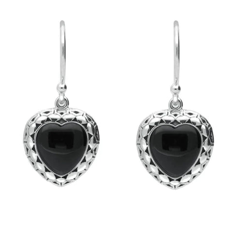 Silver Whitby Jet Oxidised Heart Drop Earrings E1958