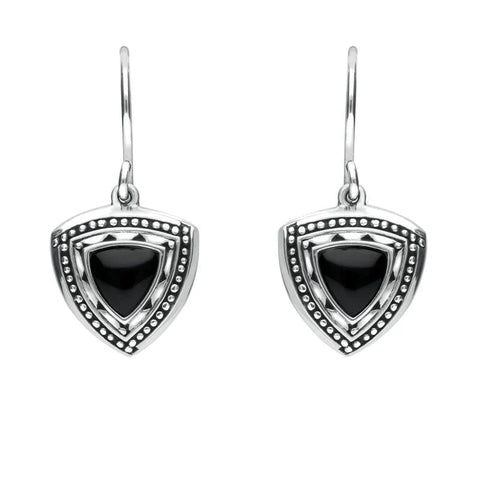 Silver Whitby Jet Oxidised Shield Drop Earrings E1915