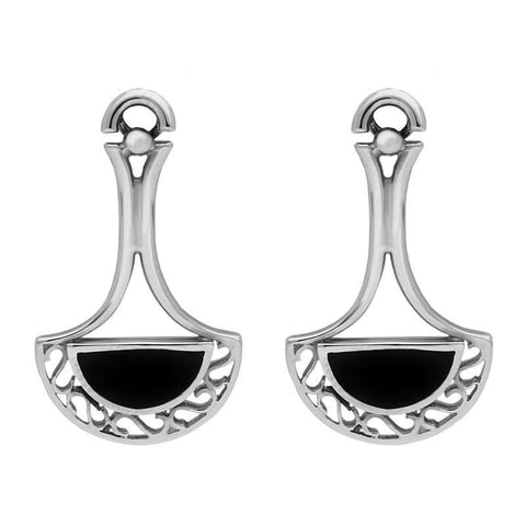 Sterling Silver Whitby Jet Heritage Pierced Fan Drop Earrings. E290.