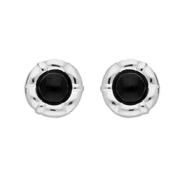 Sterling Silver Whitby Jet Ridged Circle Stud Earrings. E1910.