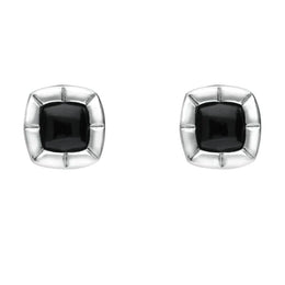 Sterling Silver Whitby Jet Ridged Cushion Stud Earrings. E1905.