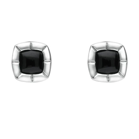 Sterling Silver Whitby Jet Ridged Cushion Stud Earrings. E1905.