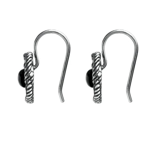 Sterling Silver Whitby Jet Rope Edge Open Circle Port Hole Earrings. E1621