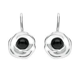 Silver Whitby Jet Rose Stone Centre Hook Earrings E1916
