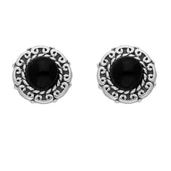 Silver Whitby Jet Round Beaded Edge Stud Earrings E1622