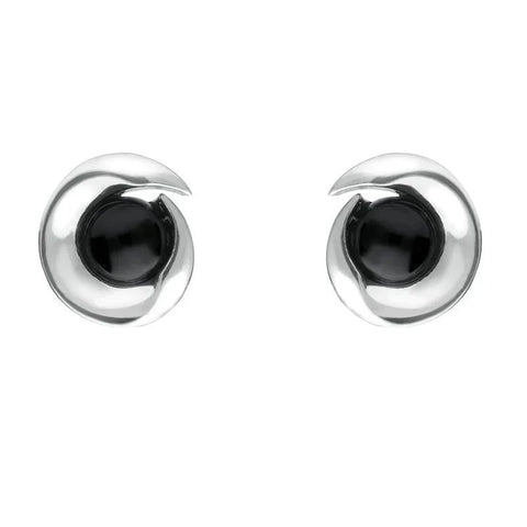 Sterling Silver Whitby Jet Spiral Stud Earrings. E1913.