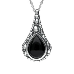 Silver Whitby Jet Stone Teardrop Oxidised Necklace P2535