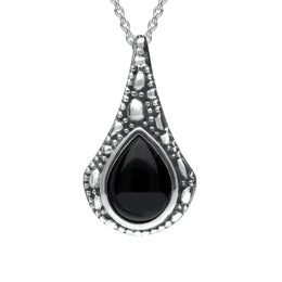Silver Whitby Jet Stone Teardrop Oxidised Necklace P2535