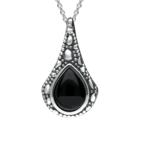 Silver Whitby Jet Stone Teardrop Oxidised Necklace P2535