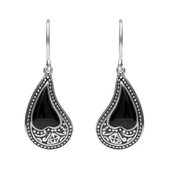 Sterling Silver Whitby Jet Tear Shape Oxidised Drop Earrings E1955