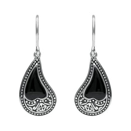 Sterling Silver Whitby Jet Tear Shape Oxidised Drop Earrings E1955