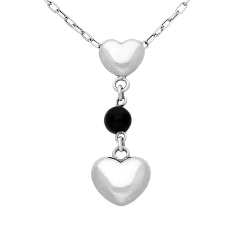 Silver Whitby Jet Two Heart Bead Drop Necklace N784