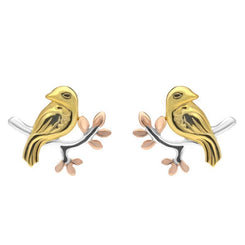 Silver Yellow and Rose Gold Bird on a Branch Stud Earrings E2373