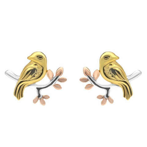 Silver Yellow and Rose Gold Bird on a Branch Stud Earrings E2373
