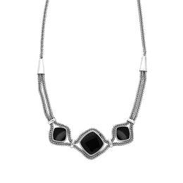 00119293 C W Sellors Sterling Silver Whitby Jet Foxtail Three Stone Cushion Necklace, N963.