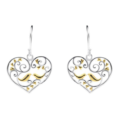Sterling Silver Yellow Gold Bird Vine Open Heart Hook Earrings E2375
