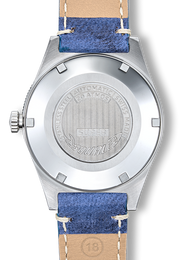 Wristwatch with blue strap and metal case back.