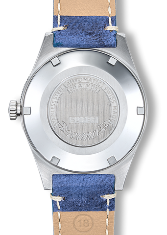 Wristwatch with blue strap and metal case back.