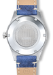 Wristwatch with blue strap and metal case back.