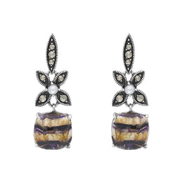 Sterling Silver Blue John Marcasite Pearl Flower Top Drop Earrings E1700