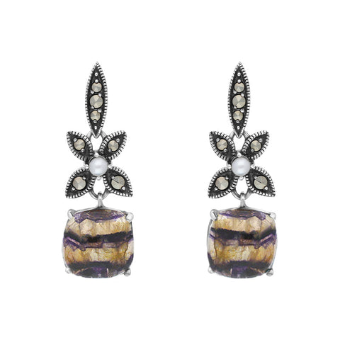 Sterling Silver Blue John Marcasite Pearl Flower Top Drop Earrings E1700