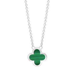 Sterling Silver Malachite Bloom Small Four Leaf Clover Polished Edge Pendant