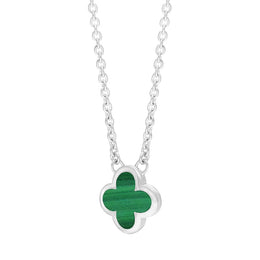 Sterling Silver Malachite Bloom Small Four Leaf Clover Polished Edge Pendant
